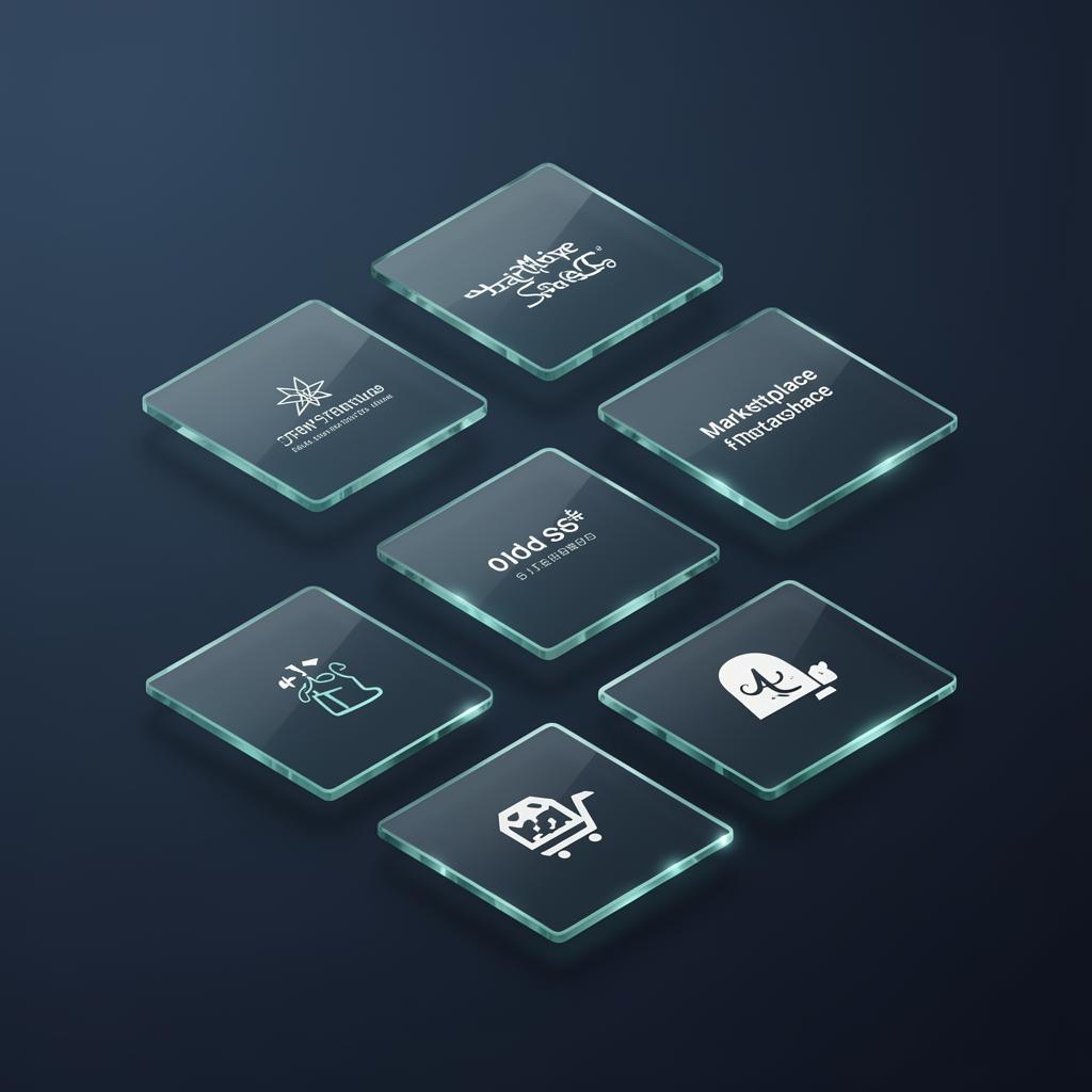 Floating glass app tiles representing the marketplace