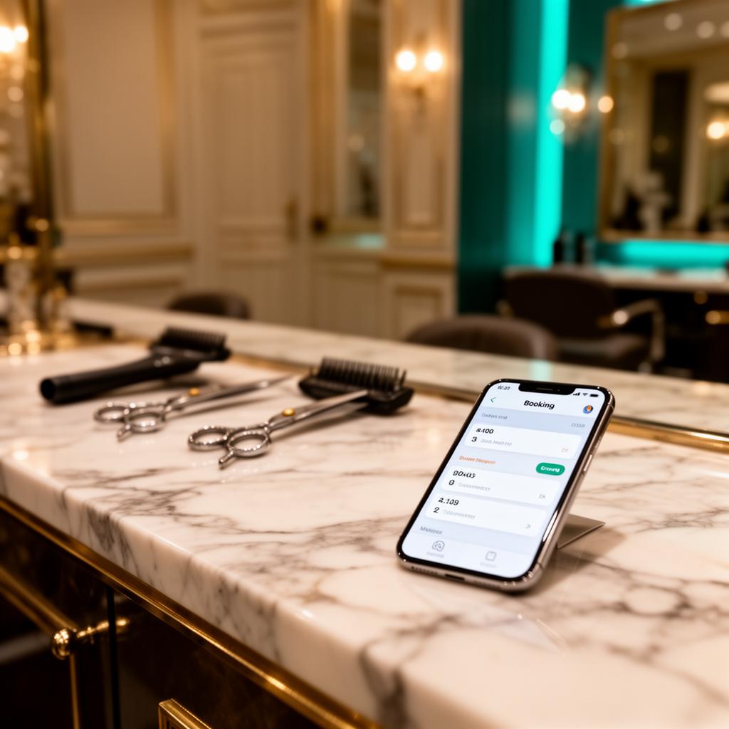 Luxury salon counter with booking app on phone